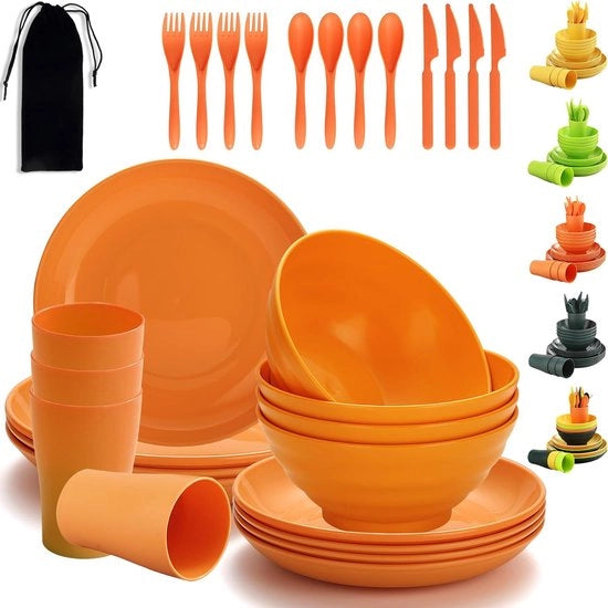 Set di piatti in plastica, 28 pezzi, riutilizzabile, indeformabile, set di piatti leggeri, bicchieri, ciotole, servizio da campeggio, facile da trasportare e da pulire, resistente al lavastoviglie, sicuro fino a 4 persone