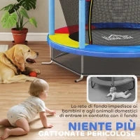 Tappeto Elastico per Bambini 3-6 Anni con Rete di Protezione, 6 Colonne e 3 Ingressi, Ø140x190 cm, Multicolore