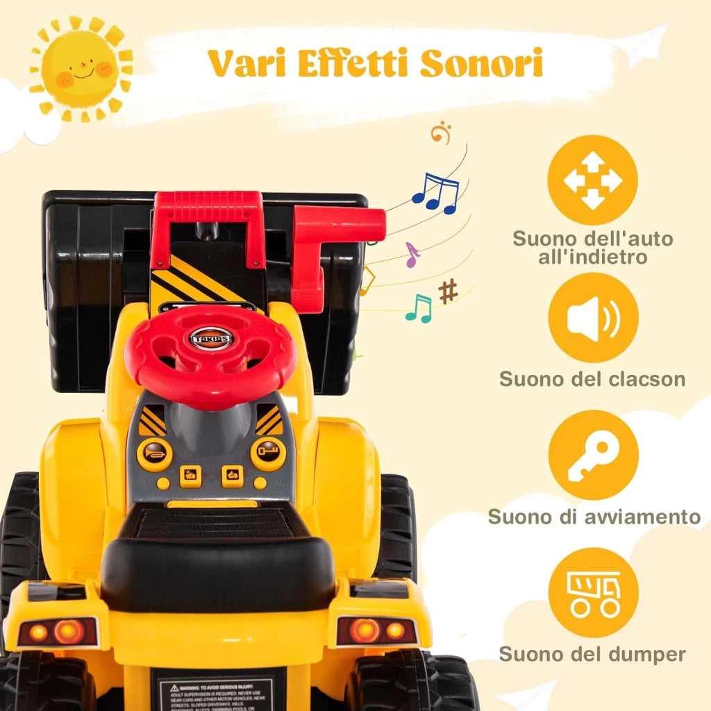 Escavatore Elettrico per Bambini, Ruspa Cavalcabile con Benna Controllabile Vano Nascosto Effetti Sonori e Canestro da Basket Pieghevole e 3 Palline, per Bambini 2 Anni+