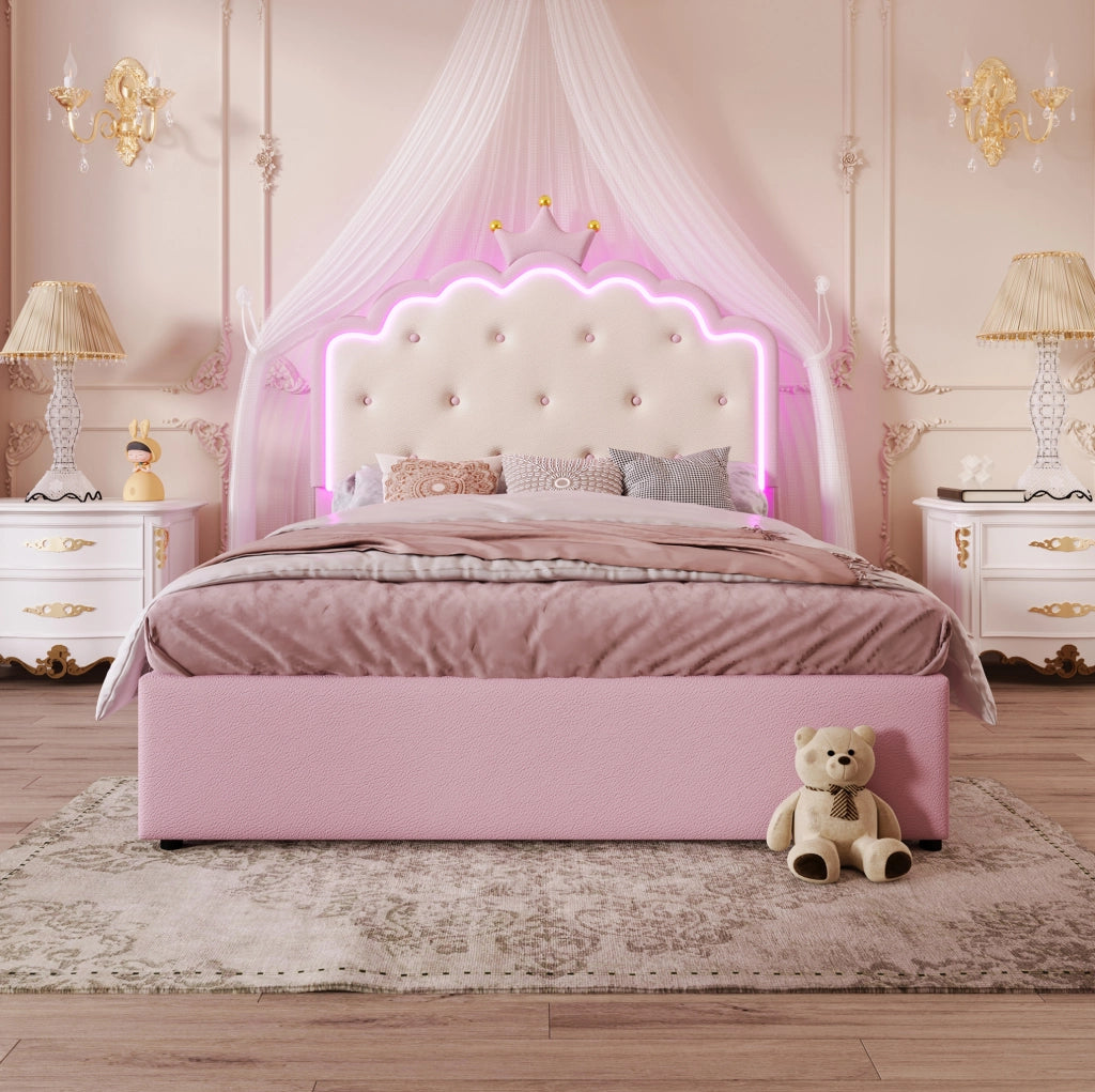 Letto imbottito 140x200 cm; luci LED e cassetti; PU; rosa (Senza materasso)