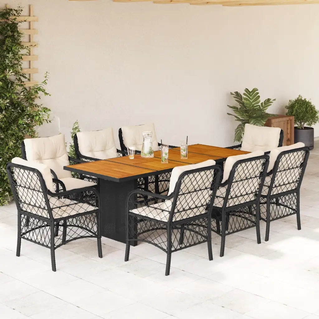 Set da Pranzo da Giardino 9 pz con Cuscini Nero in Polyrattan