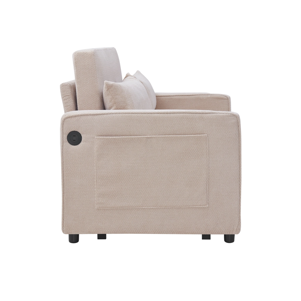 Divano letto 2 posti con trasformazione scorrevole e porte usb in legno e tessuto beige 195 × 134 × 73 cm