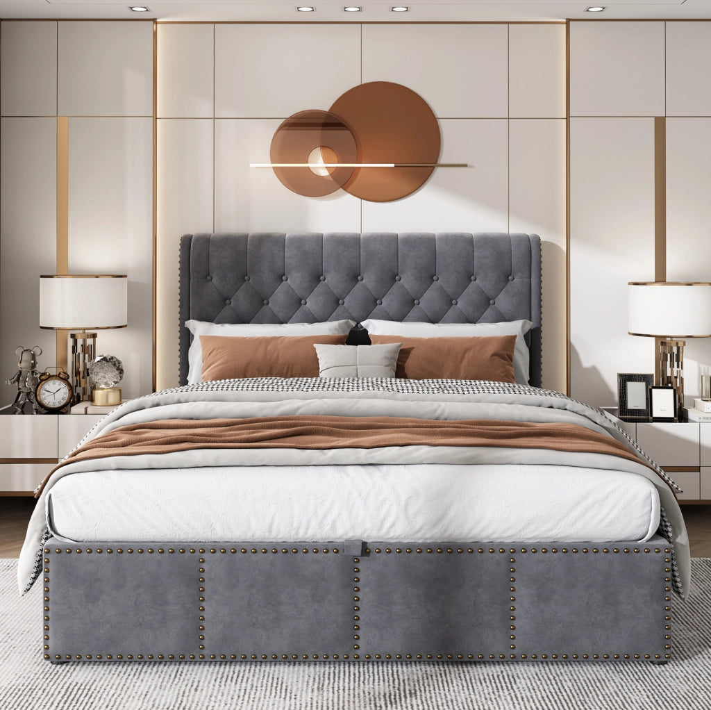 Letto matrimoniale 140x190 cm in velluto grigio con contenitore e testiera imbottita