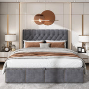Letto matrimoniale 140x190 cm in velluto grigio con contenitore e testiera imbottita