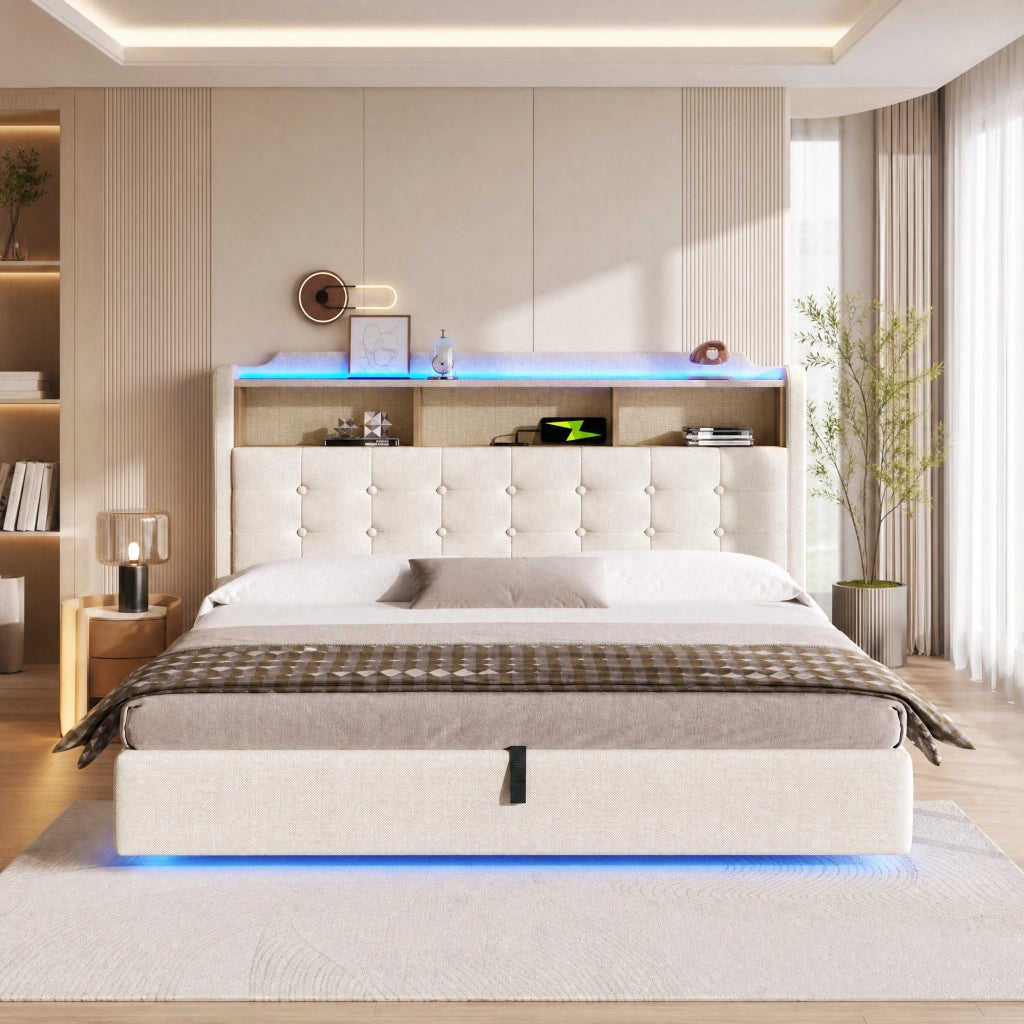 Letto contenitore matrimoniale con LED; USB; type-C e vani 180 × 200 cm; senza materasso; beige