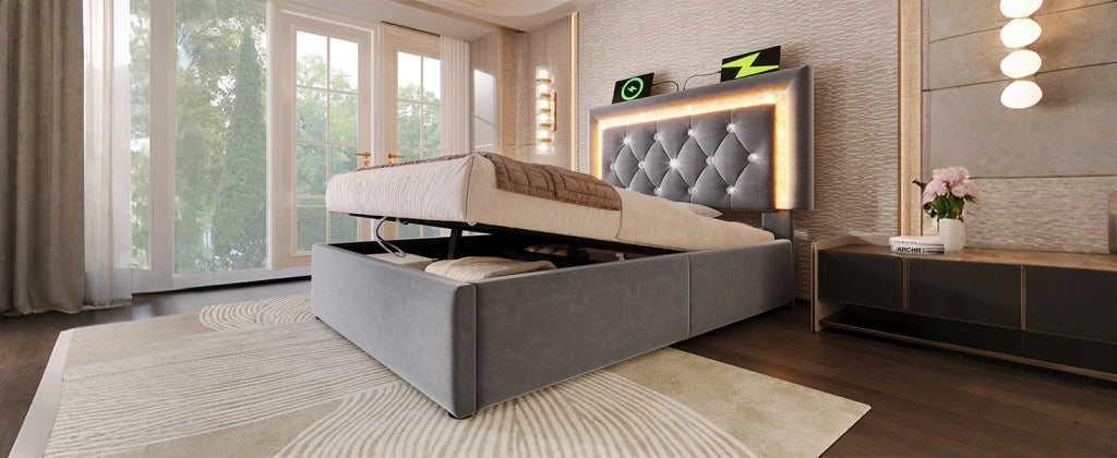 Letto singolo imbottito 90x200 cm in velluto grigio con LED, USB Type-C, contenitore e materasso