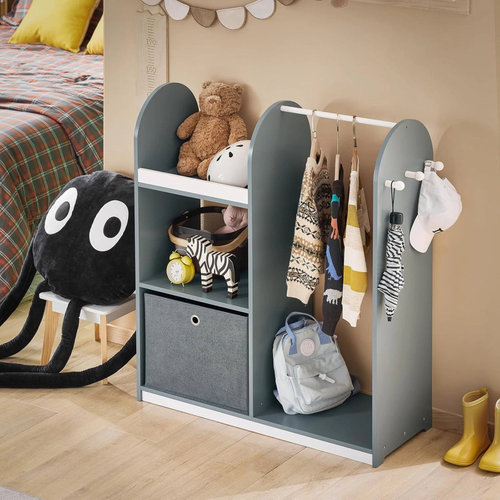 Armadio Cameretta Armadio Bambini con 3 Scomparti, Contenitore Tessuto e 3 Ganci Laterali Guardaroba con Appendiabiti per Bambini Grigio 97x35x108 KMB40-HG