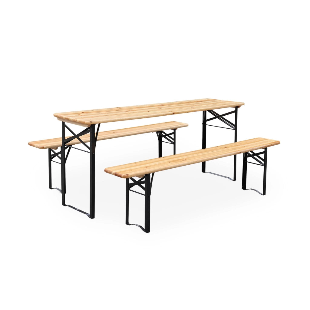 Set tavolo da giardino pieghevole in legno con 2 panche, marrone