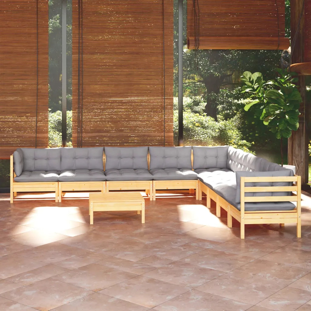Set Divani da Giardino 10 pz con Cuscini Grigi Massello di Pino 3096820