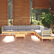 Set Divani da Giardino 10 pz con Cuscini Grigi Massello di Pino 3096820