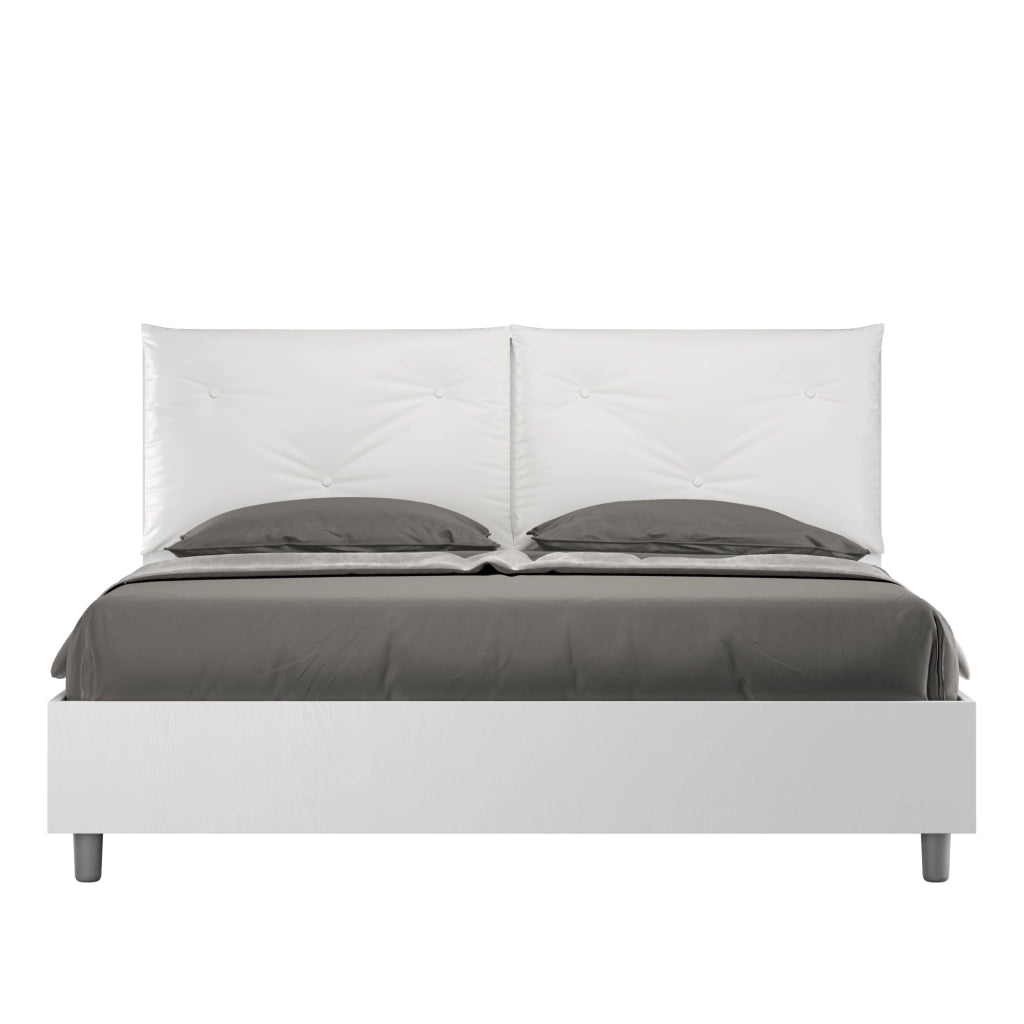 Letto Matrimoniale 160x200 cm con Rete e Contenitore Struttura Bianco Frassico con Cuscini in Similpelle Egos Appia