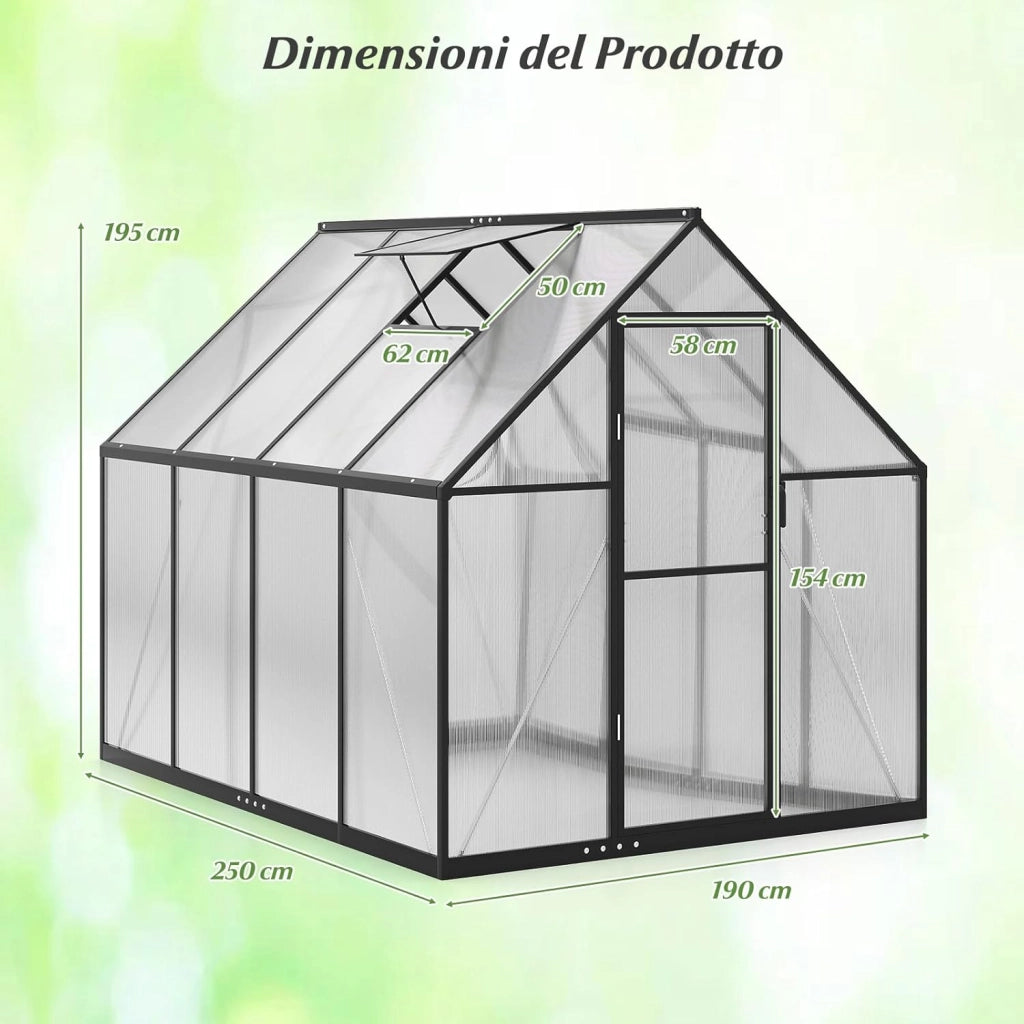 Serra da Giardino in Lega di Alluminio 250 x 190 x 195 cm, con Porta Bloccabile e Lucernario Regolabile, Pannello Trasparente in PC, Serra da Esterno per Piante, Fiori e Frutta