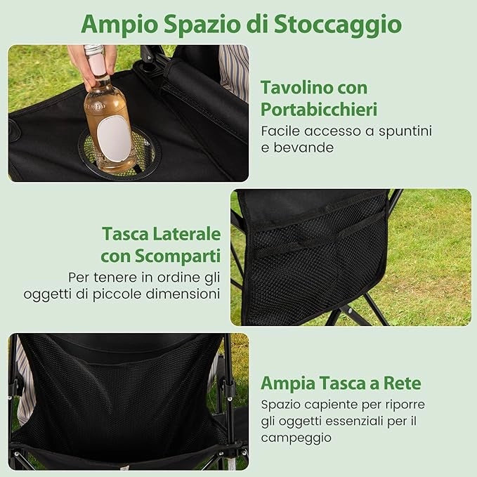 Set di 2 Sedia da Campeggio con Tavolino Laterale, Sedia da Picnic Pieghevole con 2 Tasche, Portabicchieri, Braccioli Imbottiti, Borsa da Trasporto, Portata 150 kg (Nero)