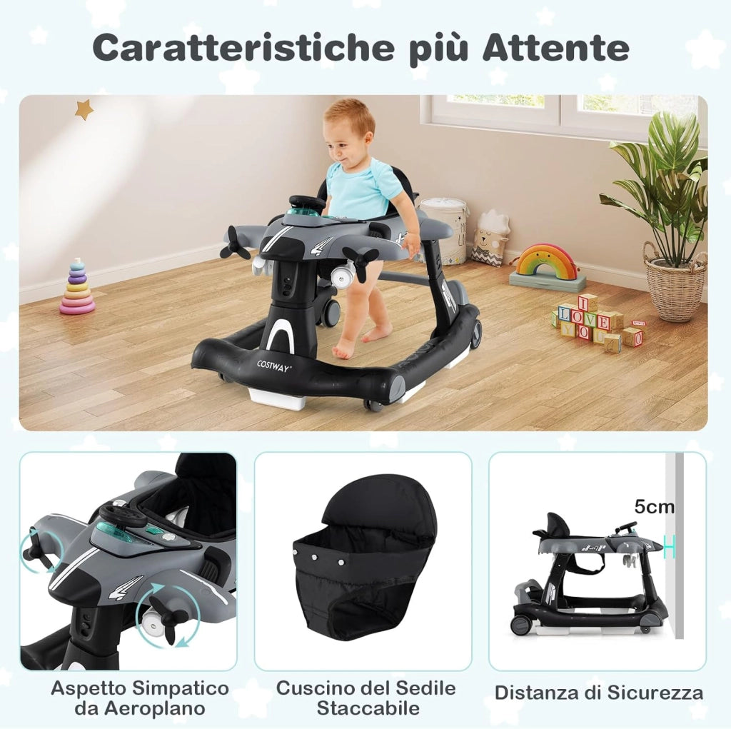 6 in 1 Girello per Bambini, Girello Pieghevole con Altezza Regolabile a 3 Livelli, Scatola Musicale Rimovibile, Vassoio per Alimenti, Portata 12 kg, per Bambini di 6-18 Mesi (Grigio)