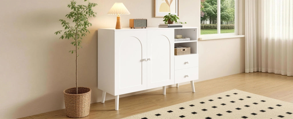 Credenza bianca con 2 ante, 2 cassetti e vani a giorno