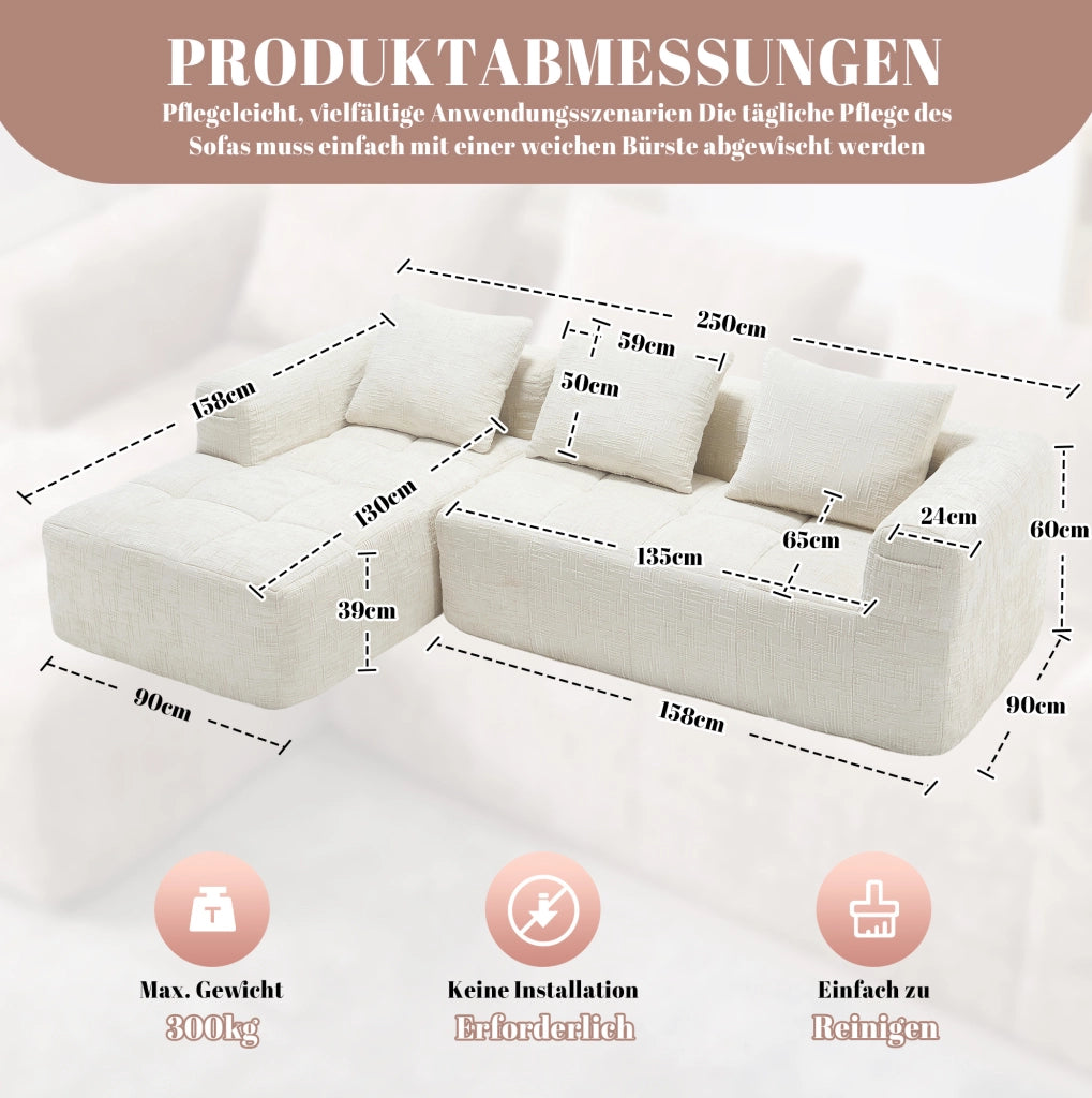 Divano modulare 3 posti in ciniglia beige con chaise longue