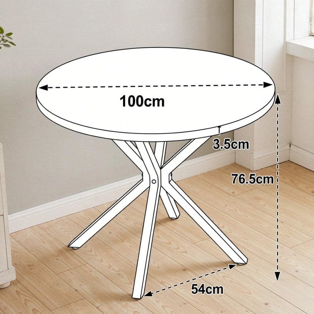 Tavolo da pranzo rotondo 100 cm con piano effetto pietra e gambe in metallo, stabile e versatile