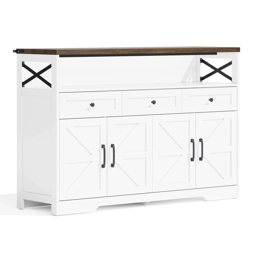 Buffet 140x35x95 cm con 3 cassetti; 2 ante e vano aperto; MDF bianco e marrone