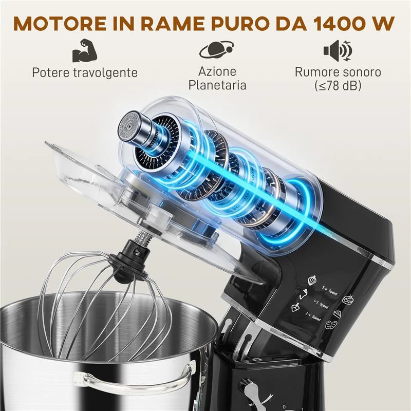 IMPASTATRICE PLANETARIA 1400W CON CIOTOLA 7L E 6 VELOCITA', GANCIO IMPASTATORE, FRUSTA E SBATTITORE, NERO