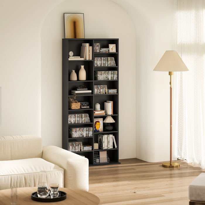 Libreria Porta CD e DVD 78,5x24x175 cm con 14 Ripiani Regolabili Nero