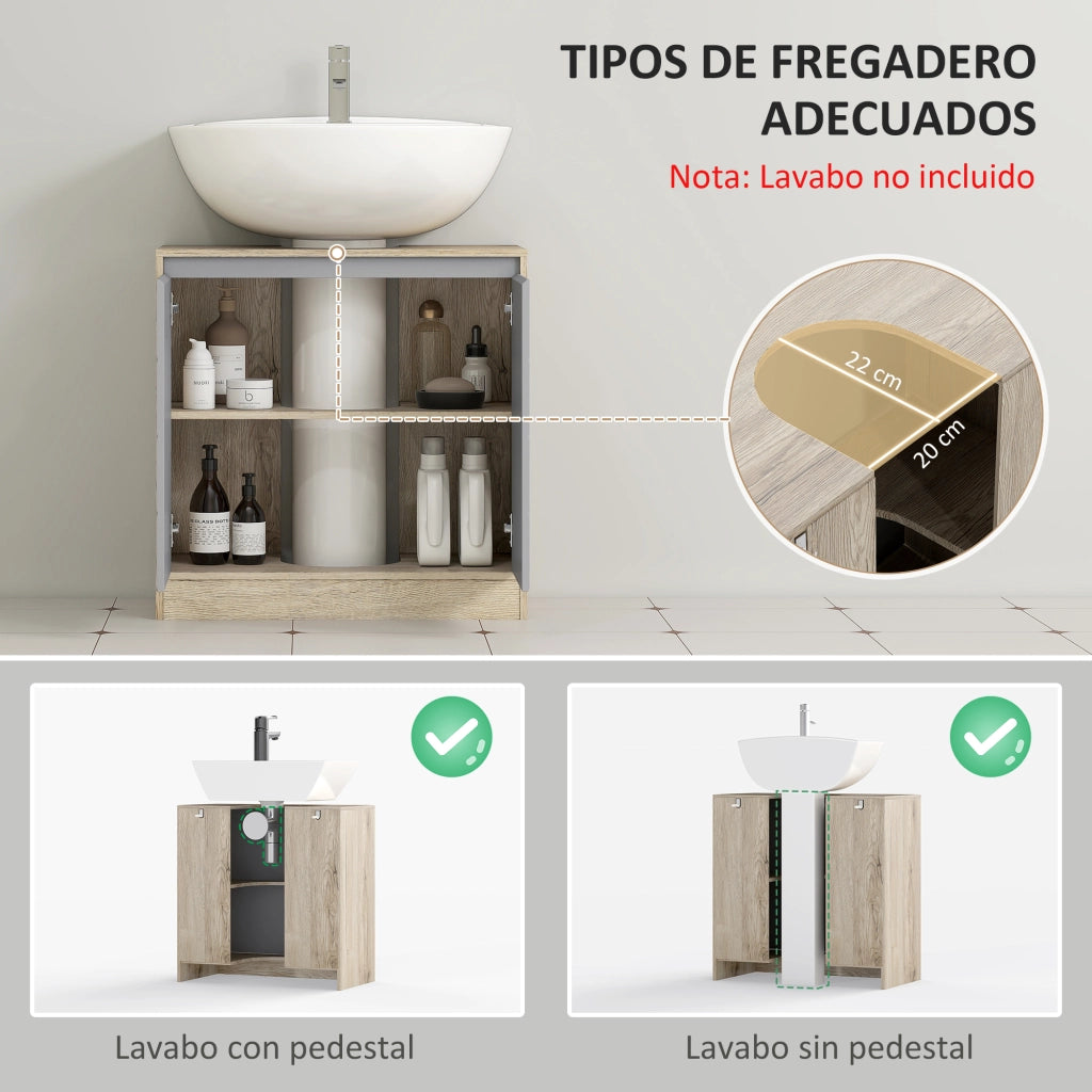 Mobile sottolavabo da bagno ¨C Xylo ¨C con ante e ripiano regolabile, 60x30x59.8 cm, rovere e grigio