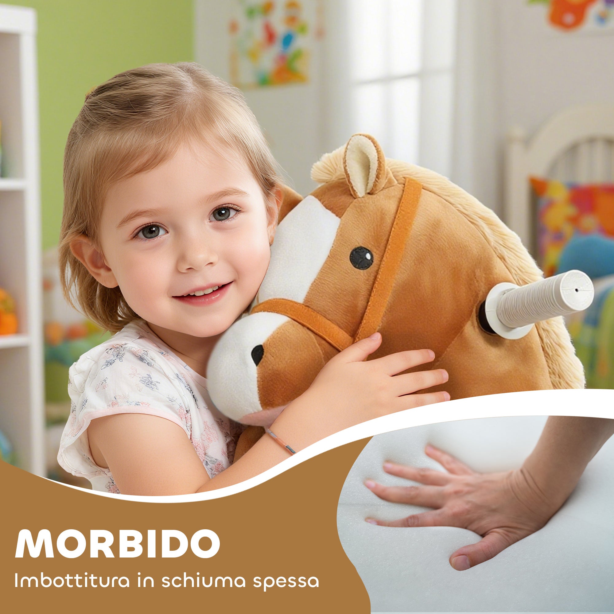 Cavallo Elettrico per Bambini 74x34x51 cm con Pedali Rotelle e Suoni in Peluche e Metallo Marrone