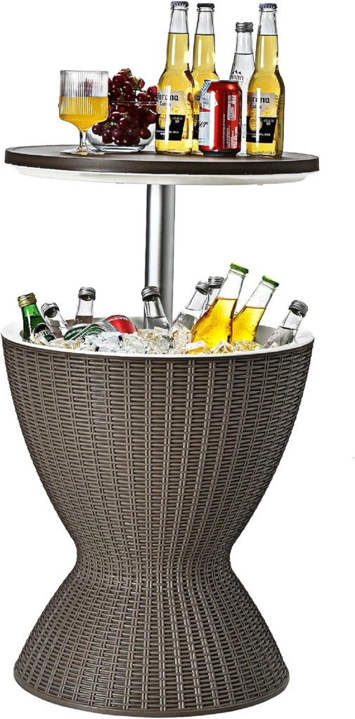 Tavolino da Giardino Allungabile in Polyrattan 30 L, Portaghiaccio per Birra/Cocktail, Tavolino da Bar per Festa Estativa (Nero)
