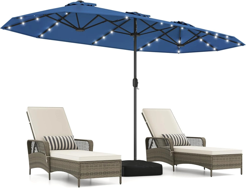 Ombrellone da Giardino Doppio 400 x 200 cm, con 36 Luci LED Solari, Manovella 12 Stecche, Base, Anti-UV, Rettangolare, per Giardino Piscina Cortile (Arancione)