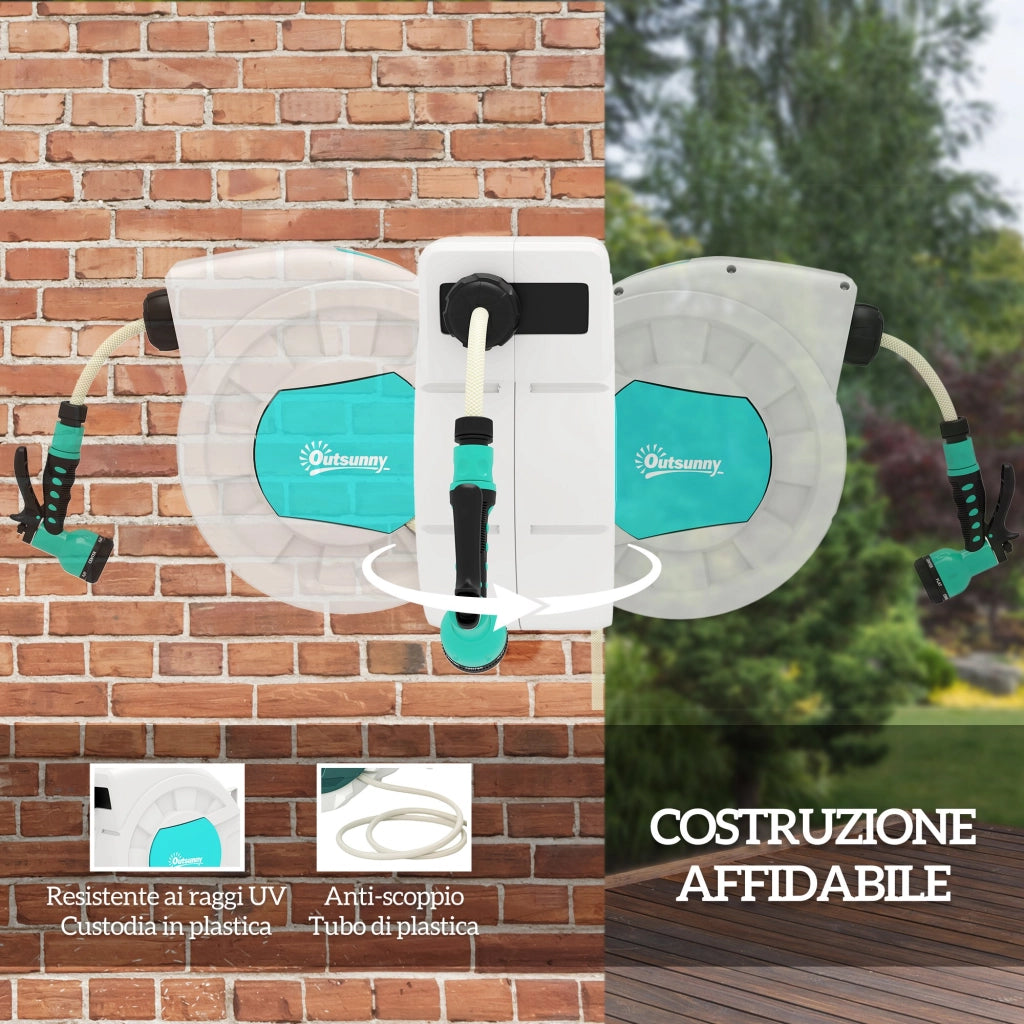 Avvolgitubo da Giardino Retrattile con Tubo dell'Acqua 25+2 m e 7 Getti per Irrigazione, Verde e Grigio Chiaro