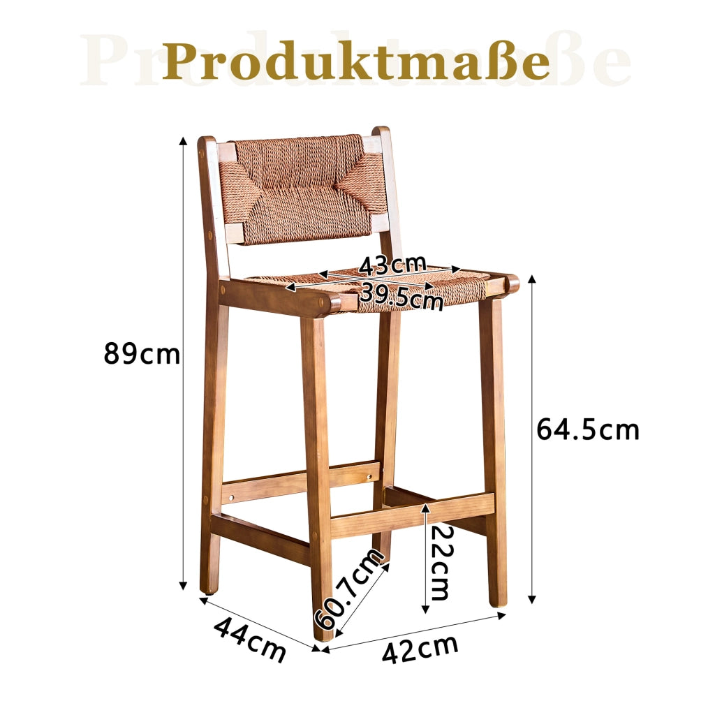 Sgabello da bar set di 2 in legno massiccio con schienale curvo e seduta in corda intrecciata per cucina noce