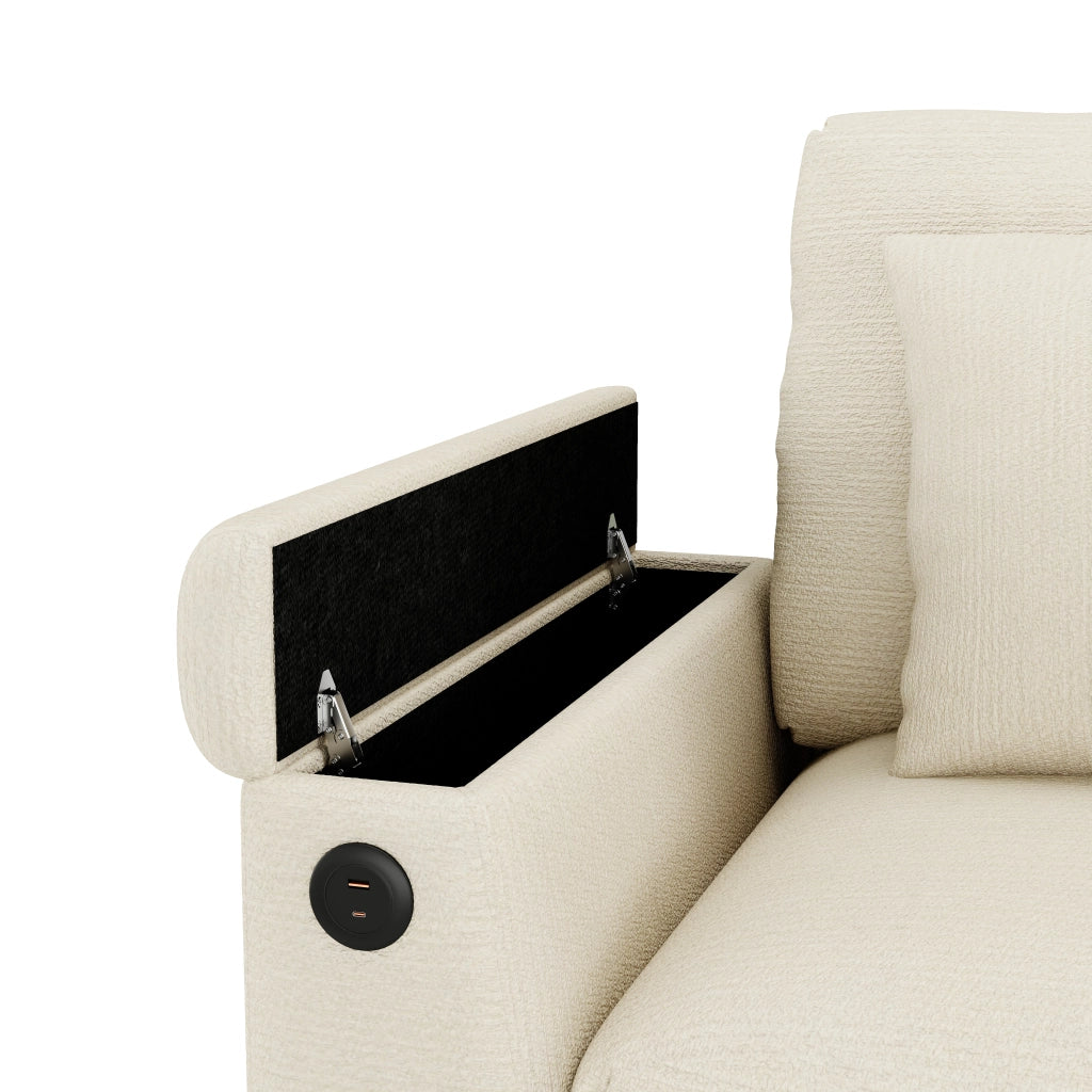 Divano modulare a 3 posti in ciniglia beige con porta USB, porta bicchieri, tasche laterali e spazio contenitore