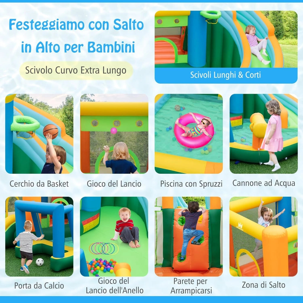 Castello Gonfiabile per Bambini, Casa Gonfiabile con Doppio Scivolo, Parete da Arrampicata, Piscina, con Borsa di Trasporto e Kit di Riparazione, per 2 Bambini di 3-10 Anni