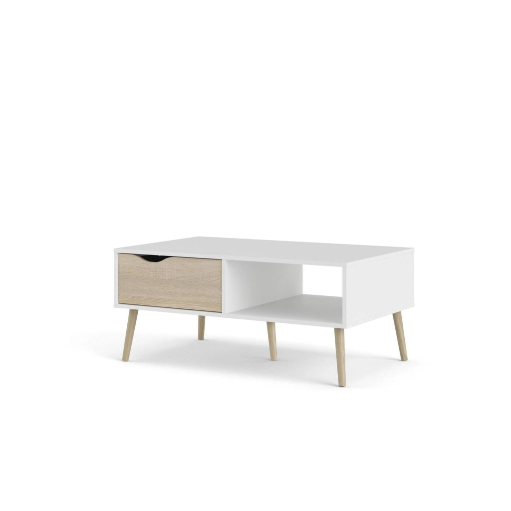 Tavolino da salotto Sfene, Tavolo basso da caffè, Portariviste per divano, Ripiano da soggiorno, 99x60 h43 cm, Bianco e Quercia