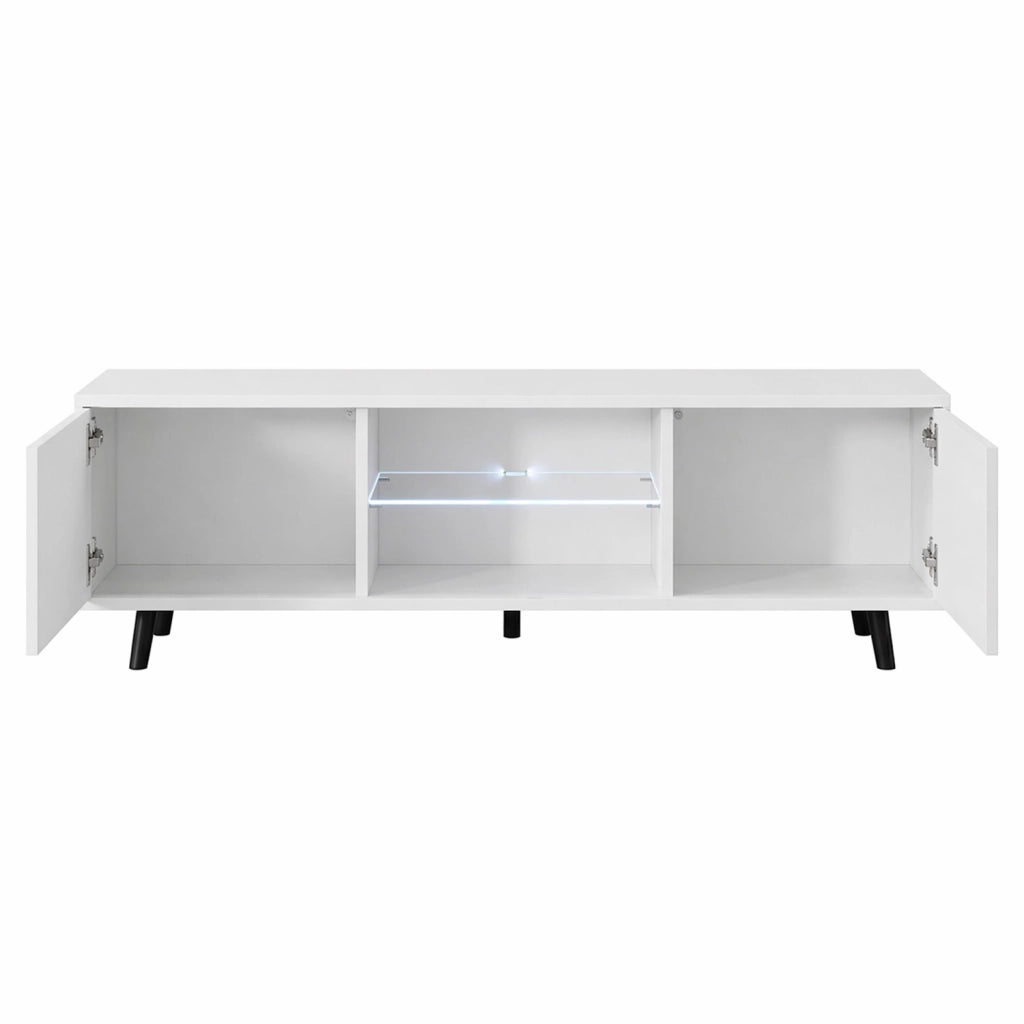 Mobile TV Con Due Ante Battenti Porta Televisore In Melaminico Vano Centrale Con Ripiano In Vetro E LED Piedini In Metallo Per Soggiorno Salotto Zona Living 140 X 31.5 X 40 Cm Bianco