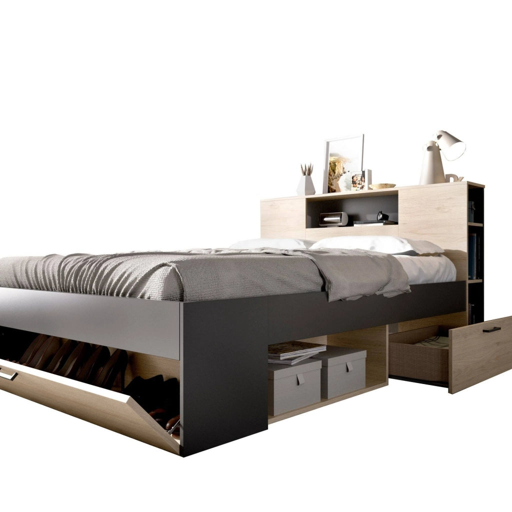 Letto alla francese Conching, Sommier per camera da letto, Giroletto per stanza, Struttura porta materasso, 150x219 h95 cm, Antracite e Rovere