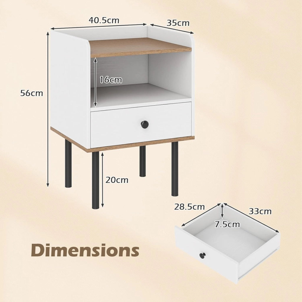 Set di 1/2 comodini, comodino con scomparto aperto e cassetto, stile moderno, gambe metalliche, 40,5 x 35 x 56 cm, tavolino ausiliario per camera da letto, soggiorno (bianco)