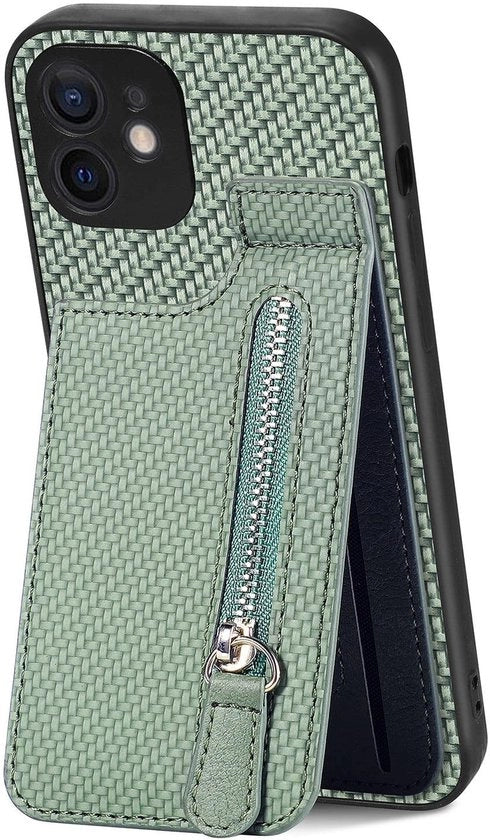 Portamonete pieghevole per iPhone 12 - Portafoglio con chiusura a rits e supporto per la carta di credito - Protezione schocchi - Funzione di sostegno per la posizione - Portamonete pieghevole con funzione di sostegno per la posizione.