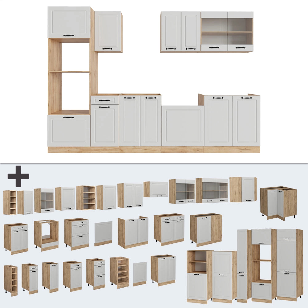 Cucina componibile R-Line Bianco rustico/Rovere dorato 300 cm con armadio alto, PL Antracite Vicco