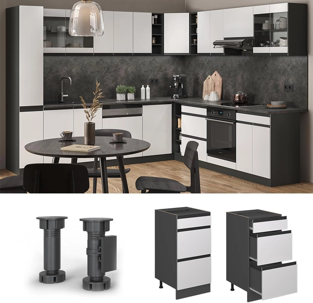 Mobiletto base per cucina R-Line, Bianco, 40 cm Forma a J, con cassetti, senza piano di lavoro, per la libera combinazione all'interno di sistemi cucina modulari