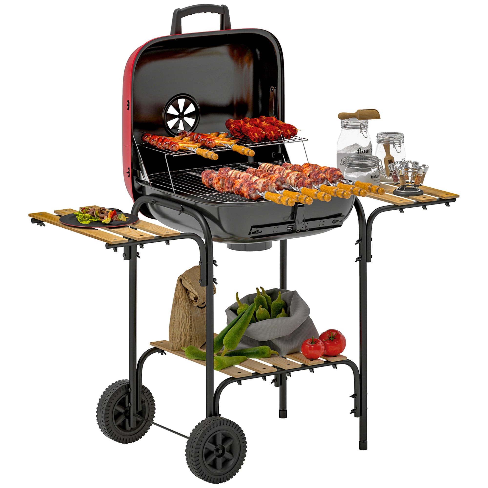 Barbecue a Carbone  98x54x91 cm Coperchio con Presa d'Aria Regolabile 3 Ripiani e Ruote in Acciaio e Legno Rosso