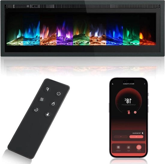 Montaggio a muro di stufa elettrica in stile liberty, telaio metallico, vapore, controllo a distanza con cristallo, 900 W-1800 W, 40 pollici, 102 cm, Smart WiFi, stufa elettrica.