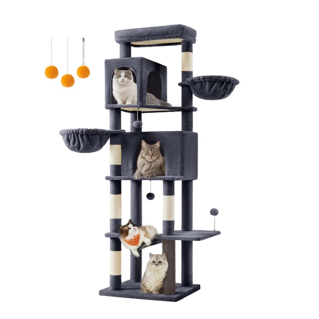Tiragraffi per gatti torre per gatti alta 175 cm rifugio per gatti a più livelli con 2 nicchie 2 cestini 5 tiragraffi trespolo autopulente amaca grigio scuro 12_0003887