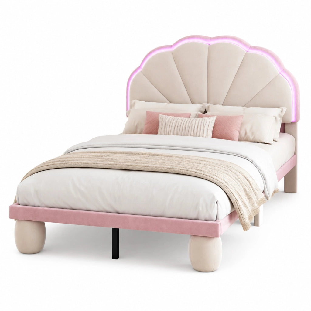 Letto imbottito singolo con luci LED multicolore, testiera ondulata, 90x200 cm