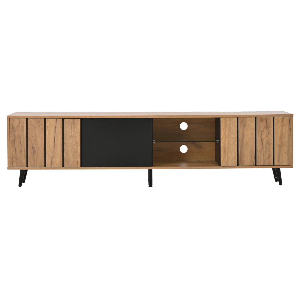 Mobile TV 175x31.5x45 cm con 3 ante e ripiano centrale in vetro temperato; truciolare naturale e nero