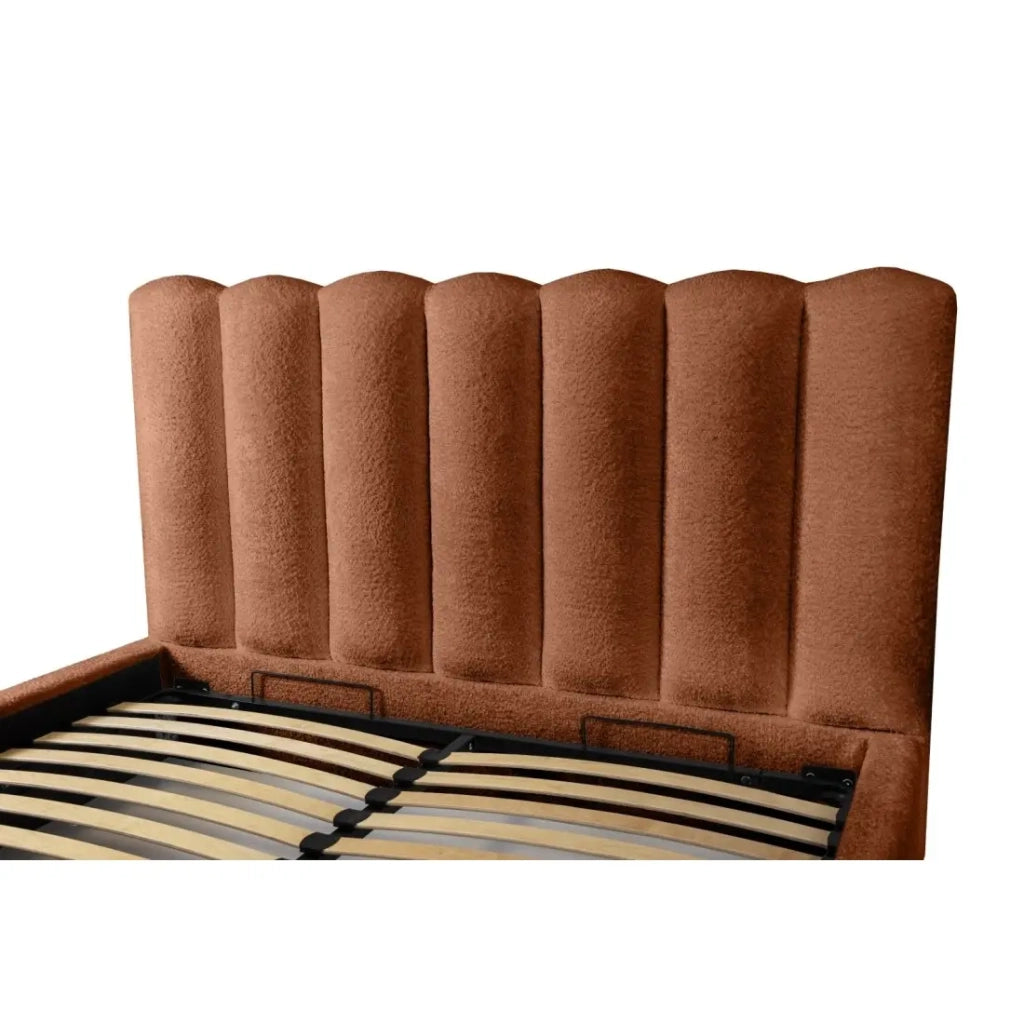 Letto contenitore BADJA - Tessuto bouclé Terracotta - 180x200 cm - Rete sollevabile - Design di alta gamma