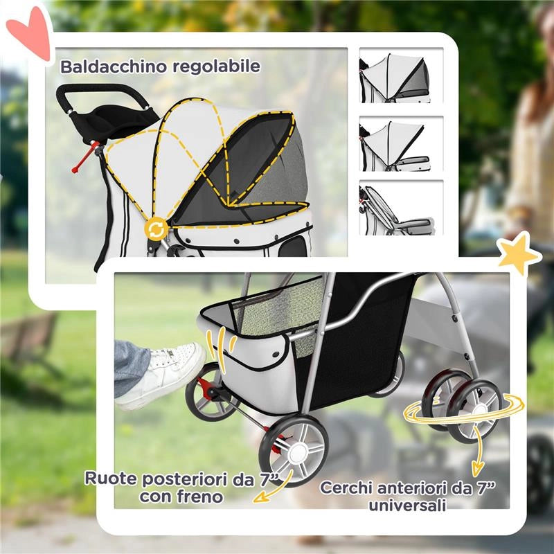 PASSEGGINO PER CANI PIEGHEVOLE CON CATARIFRANGENTI, RUOTE GIREVOLI, FRENI E CUSCINO LAVABILE, GRIGIO