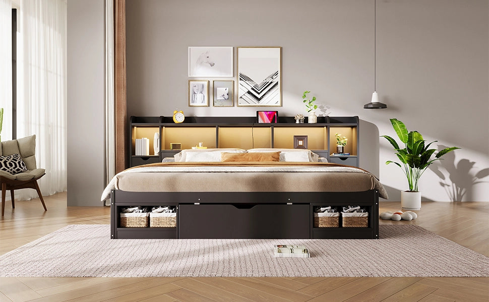 Letto contenitore matrimoniale 180 × 200 cm con LED, cassetti e ripiani, senza materasso, MDF nero