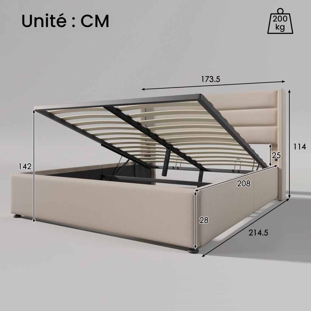 Letto Contenitore Letto Matrimoniale 160 x 200 cm con Vano Idraulico e Testiera Imbottita; senza Materasso; Beige