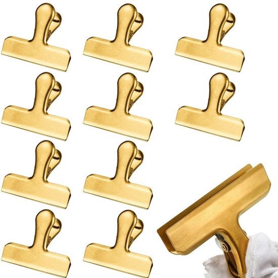 10 Clip per documenti in acciaio inox, multifunzionali, adatti per la chiusura e imballaggio di lettere, grande forza di ritorno - Oro