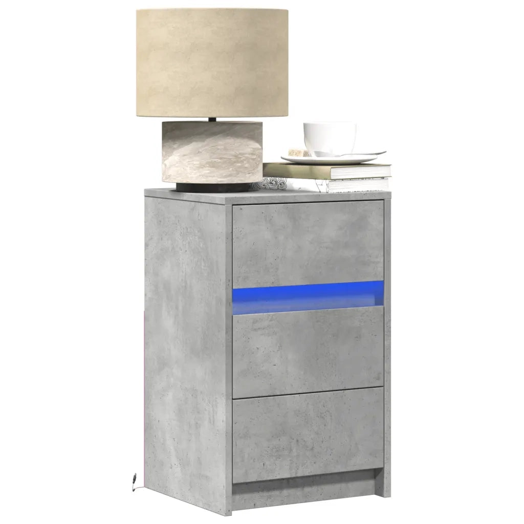 Comodino | Armadio da Notte | Mobiletto da notte con Luci LED Grigio Cemento in Legno Multistrato
